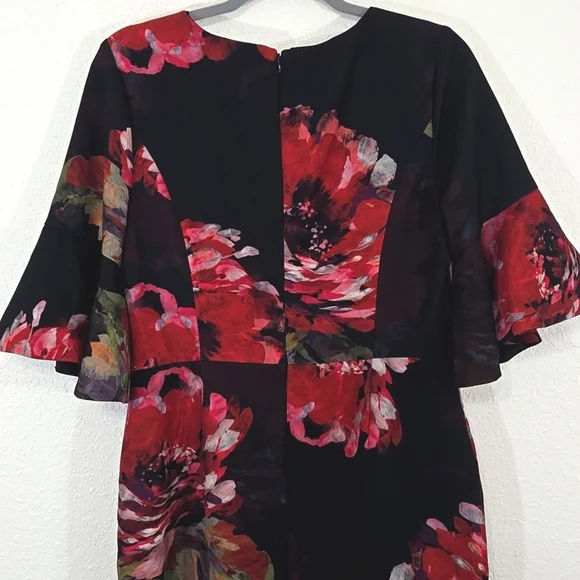 Trina Turk Black Dress Red Floral Bell Sleeves Lined Career Party Event , 10 - Picture 7 of 9